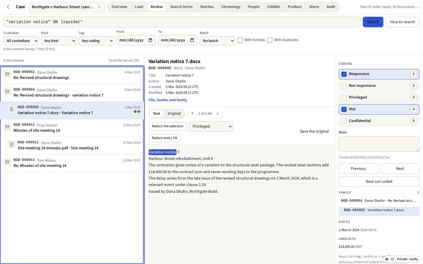 Case in the light theme: the sample case searched for "variation notice" or liquidat*, six documents listed, a Word attachment open with the phrase marked, and the coding panel with Responsive and Hot ticked