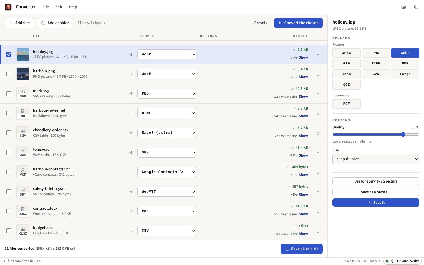 The Converter in the light theme: a queue of files, each with what it is and what it will become, and the options for the chosen ones on the right