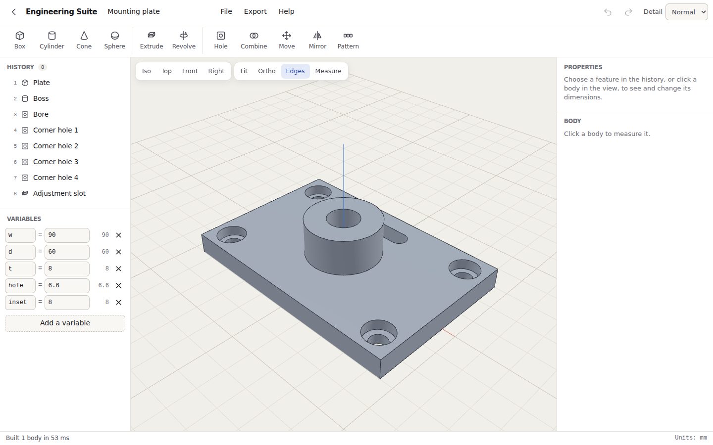 The Engineering Suite: a mounting plate in the 3D view, with the feature history and variables on the left and the properties on the right