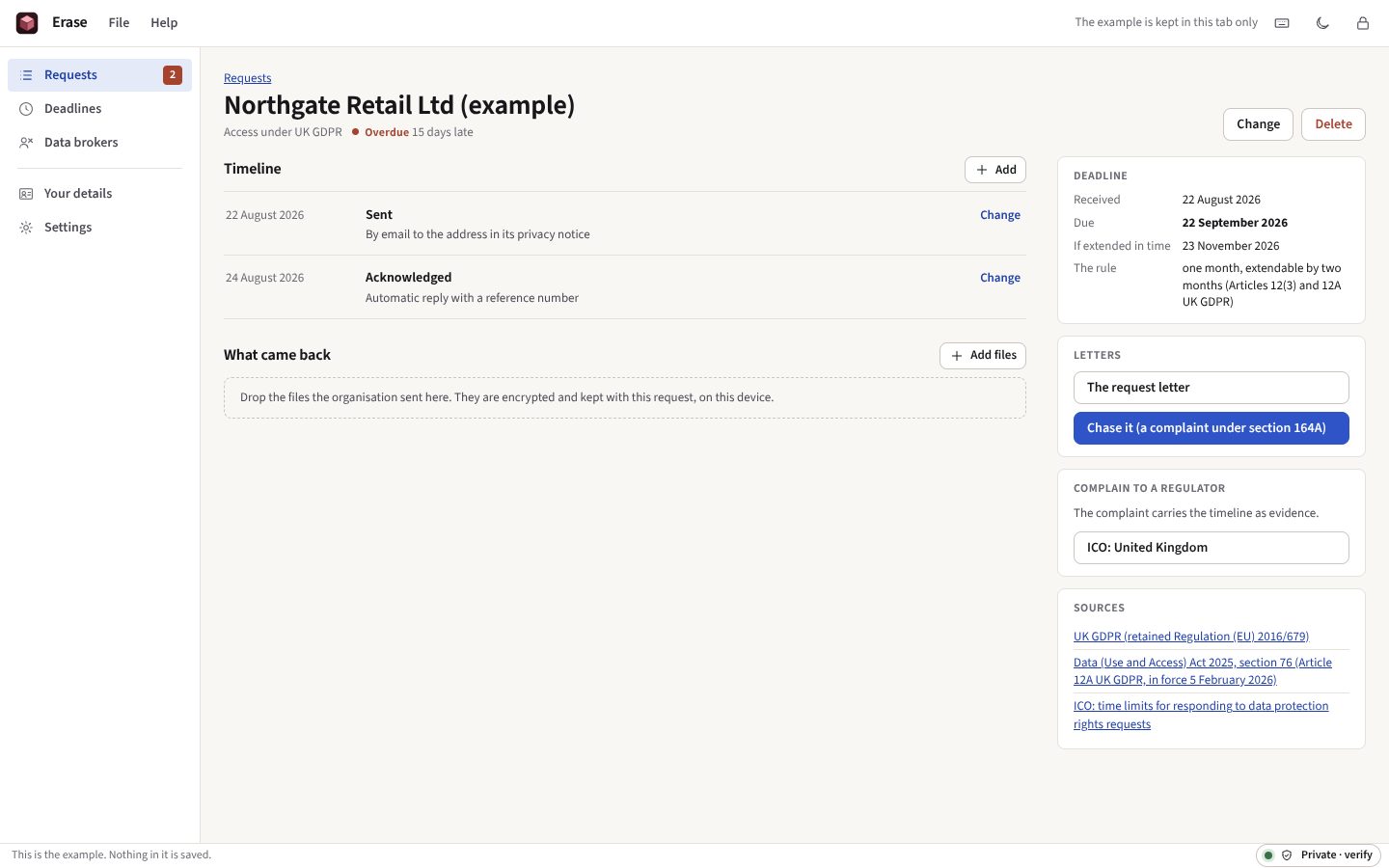 Erase in the light theme: a subject access request to an example retailer, overdue, with its timeline of sent and acknowledged on the left and the deadline, the letters to send and the regulators to complain to on the right