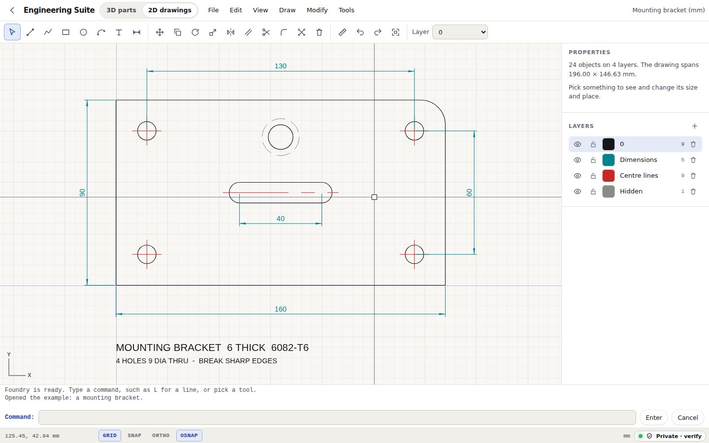 Foundry with a mounting bracket drawn and dimensioned on the canvas, the drawing tools across the top and the properties and layers panels on the right