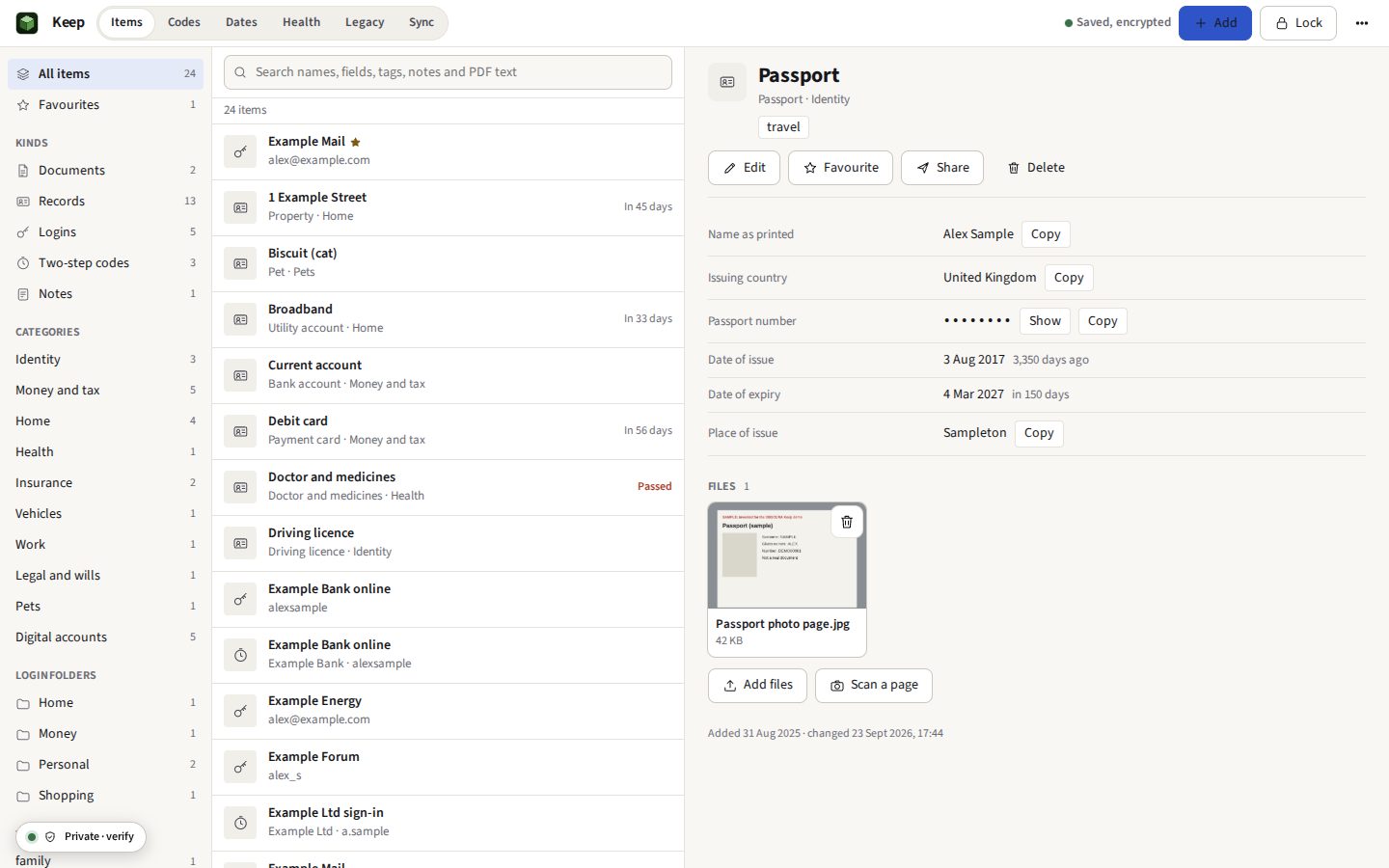 Keep in the light theme with the demo Keep open: the categories on the left, the list of documents, records and logins, and the passport record open with its expiry date