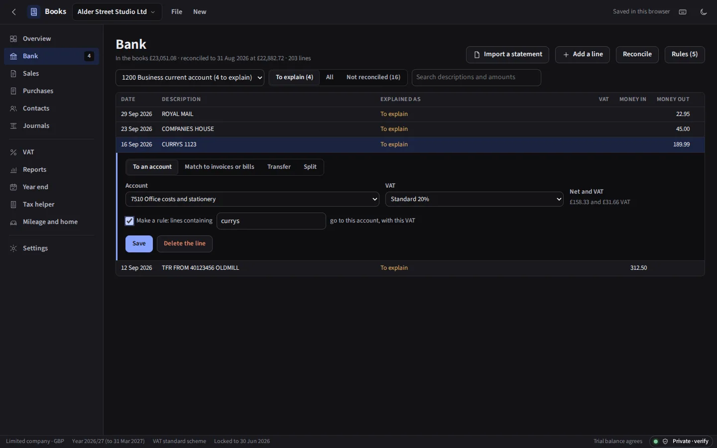The same bank account in the dark theme