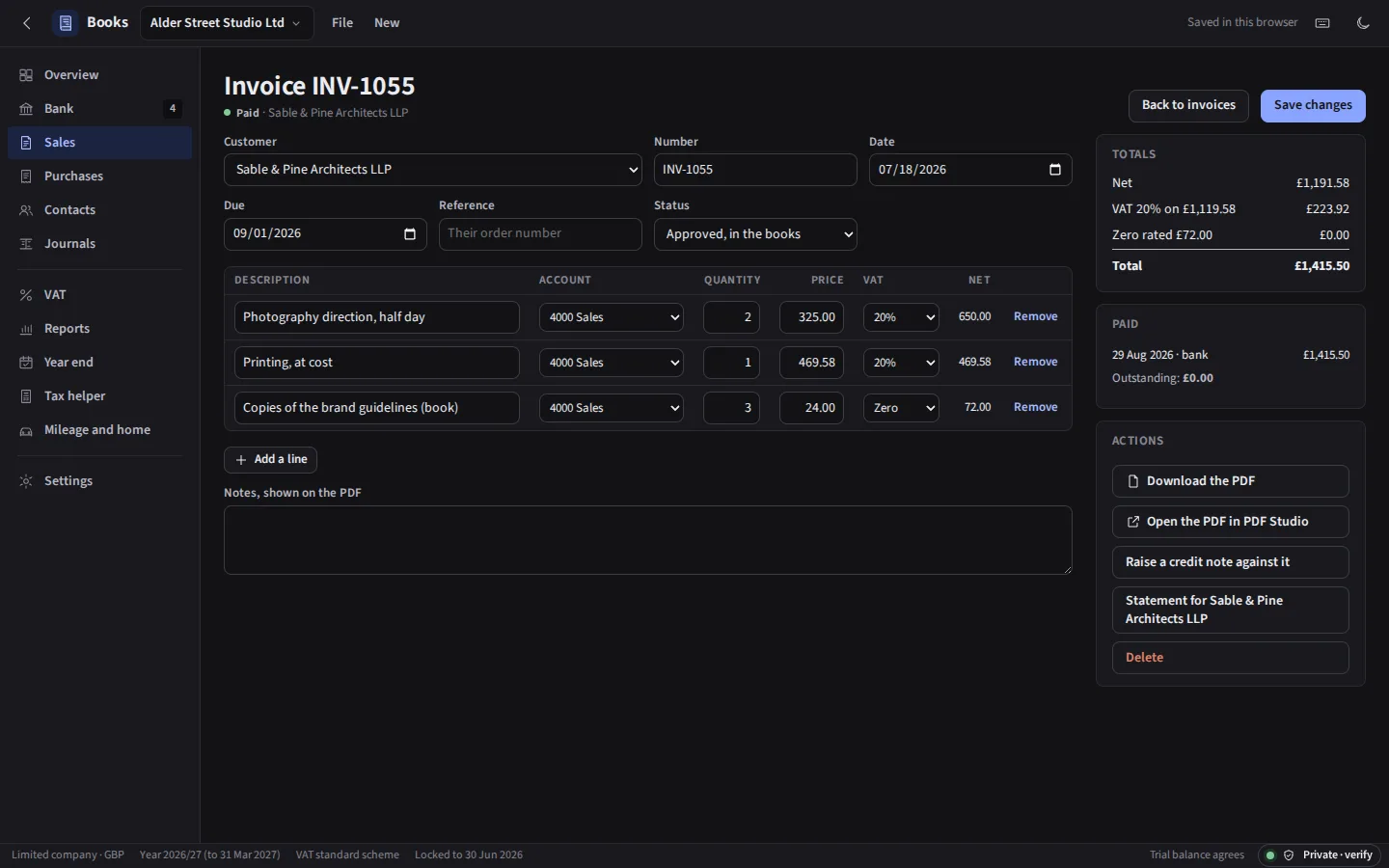 The same invoice in the dark theme