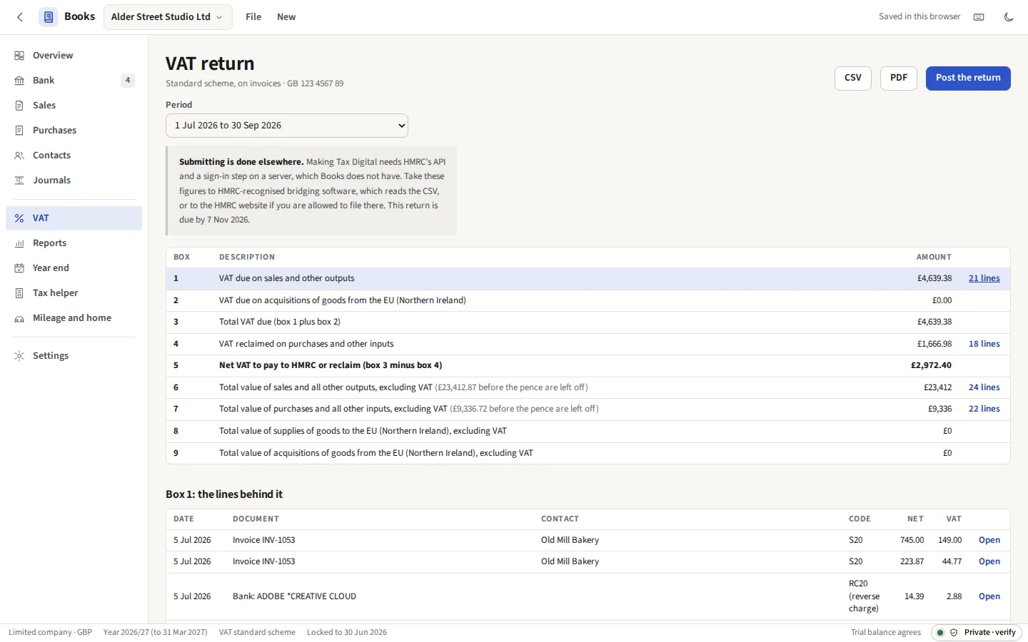 The VAT return for July to September 2026: the nine boxes, box 1 opened on the invoices and bank lines behind it