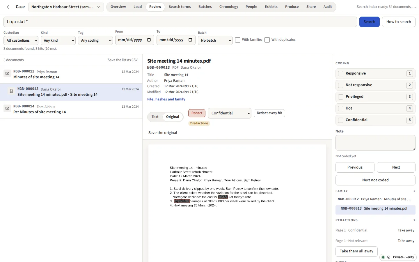 The site meeting minutes open as the PDF they are, in redact mode: every hit of liquidated boxed with the reason Confidential, an amount boxed as Not relevant, and the coding panel listing both redactions