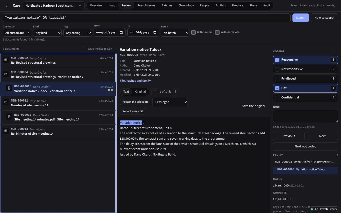 Case in the dark theme: the same search, the Word attachment open with its hit marked, coded Responsive and Hot