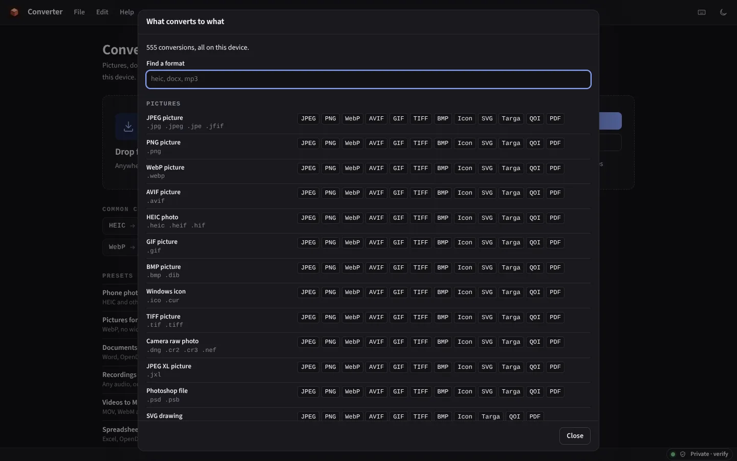 The same list in the dark theme