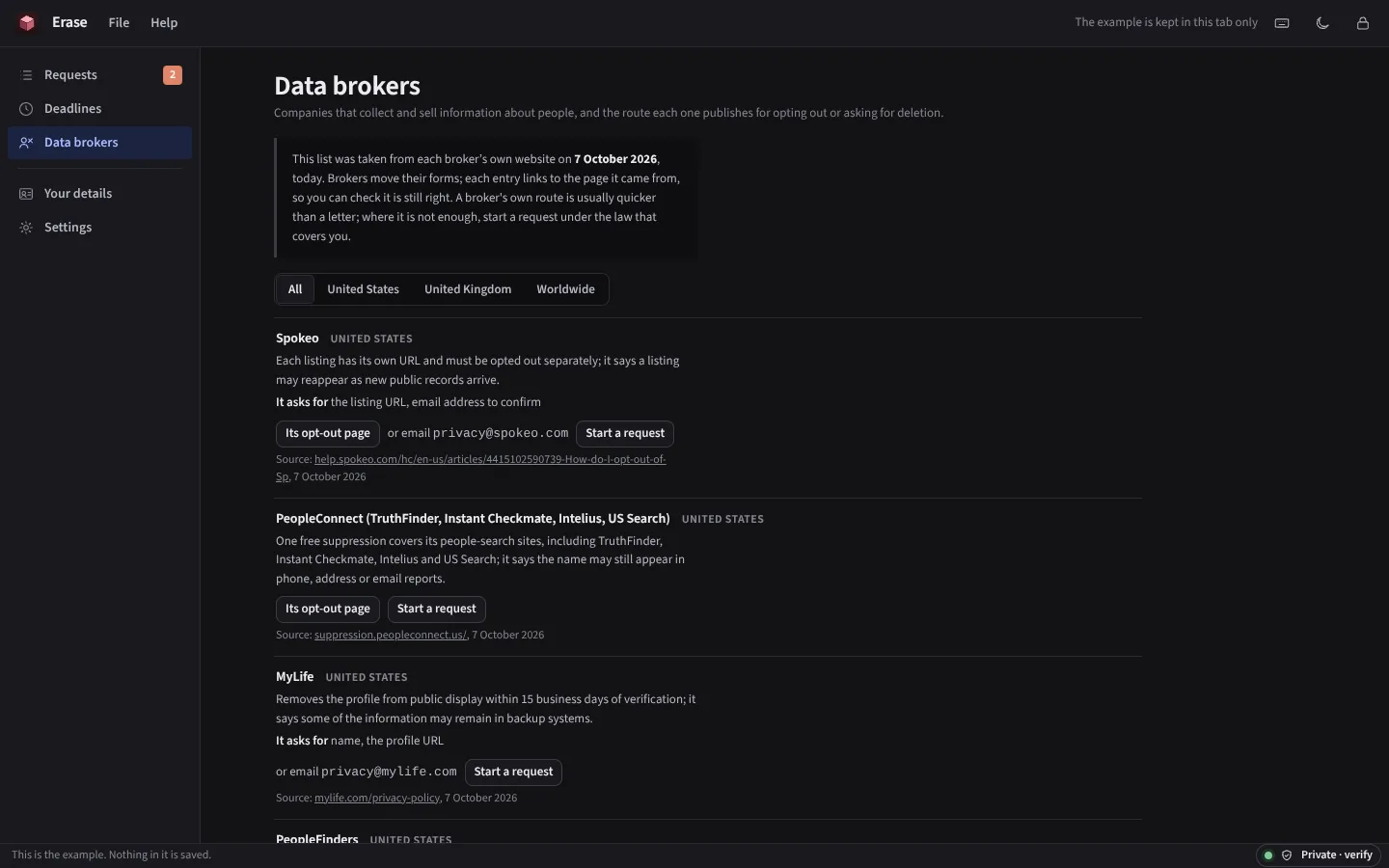 The same list in the dark theme
