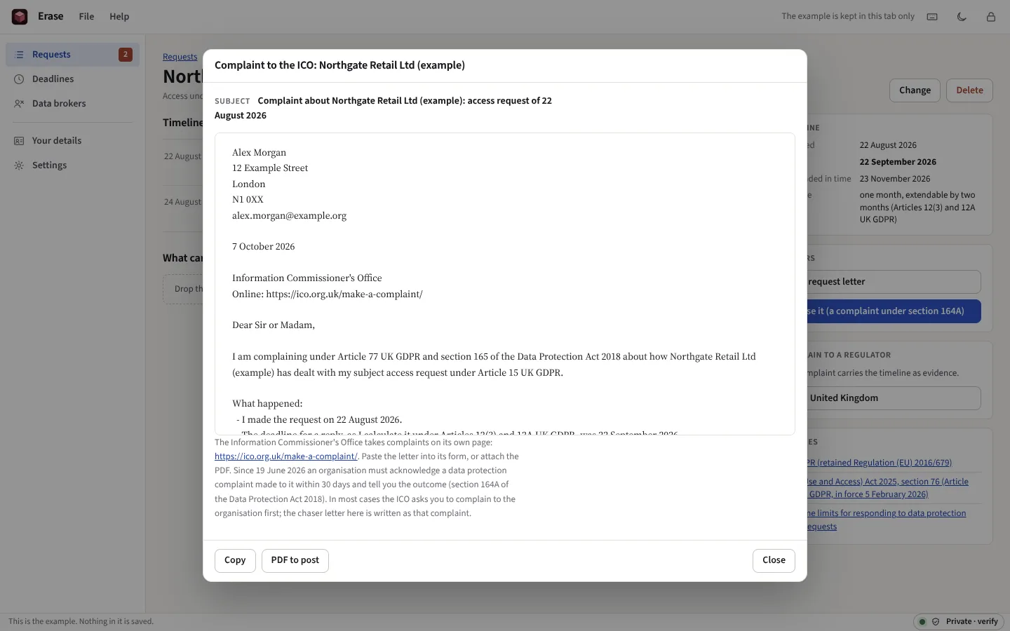 A complaint to the Information Commissioner's Office about an overdue subject access request, listing what happened and the dated timeline of the correspondence