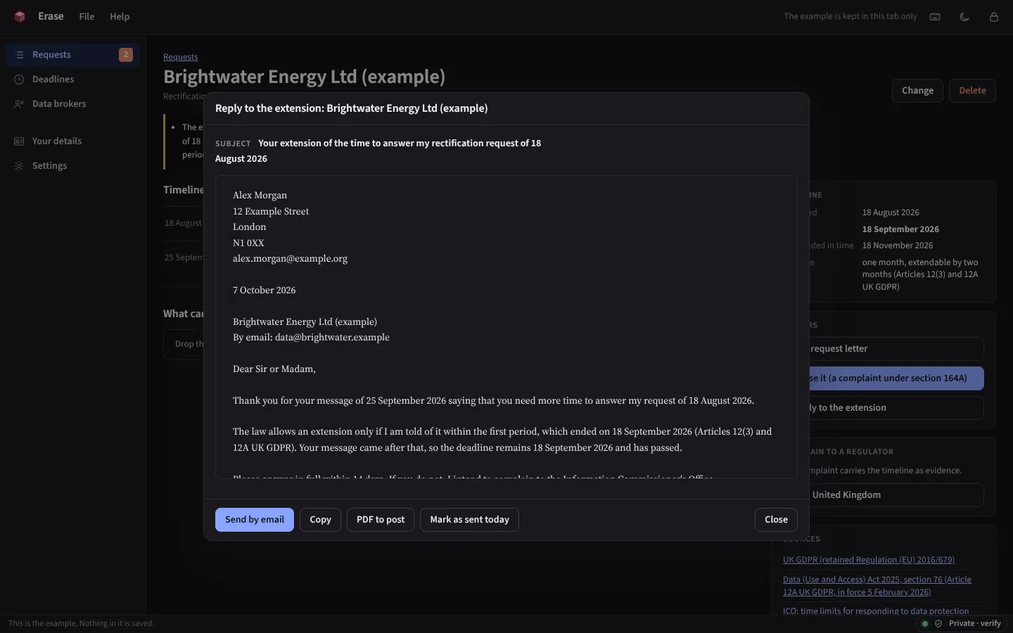 The same letter in the dark theme