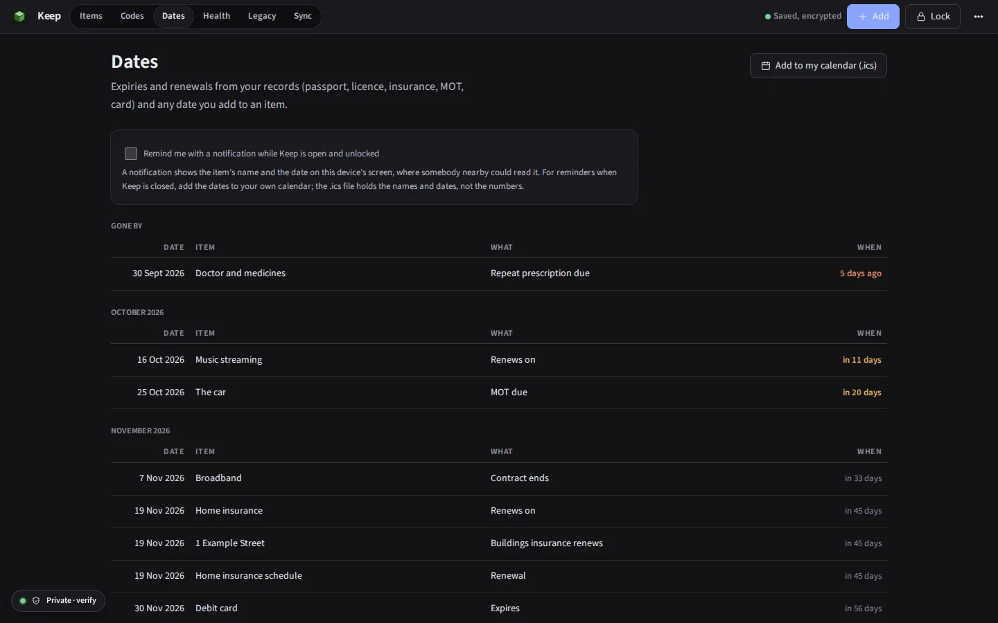 The same Dates screen in the dark theme