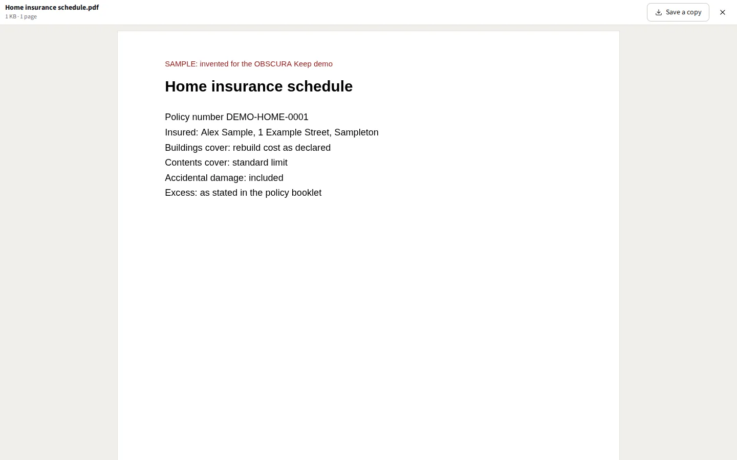 A home insurance schedule open inside Keep: the PDF drawn page by page in a preview over the window