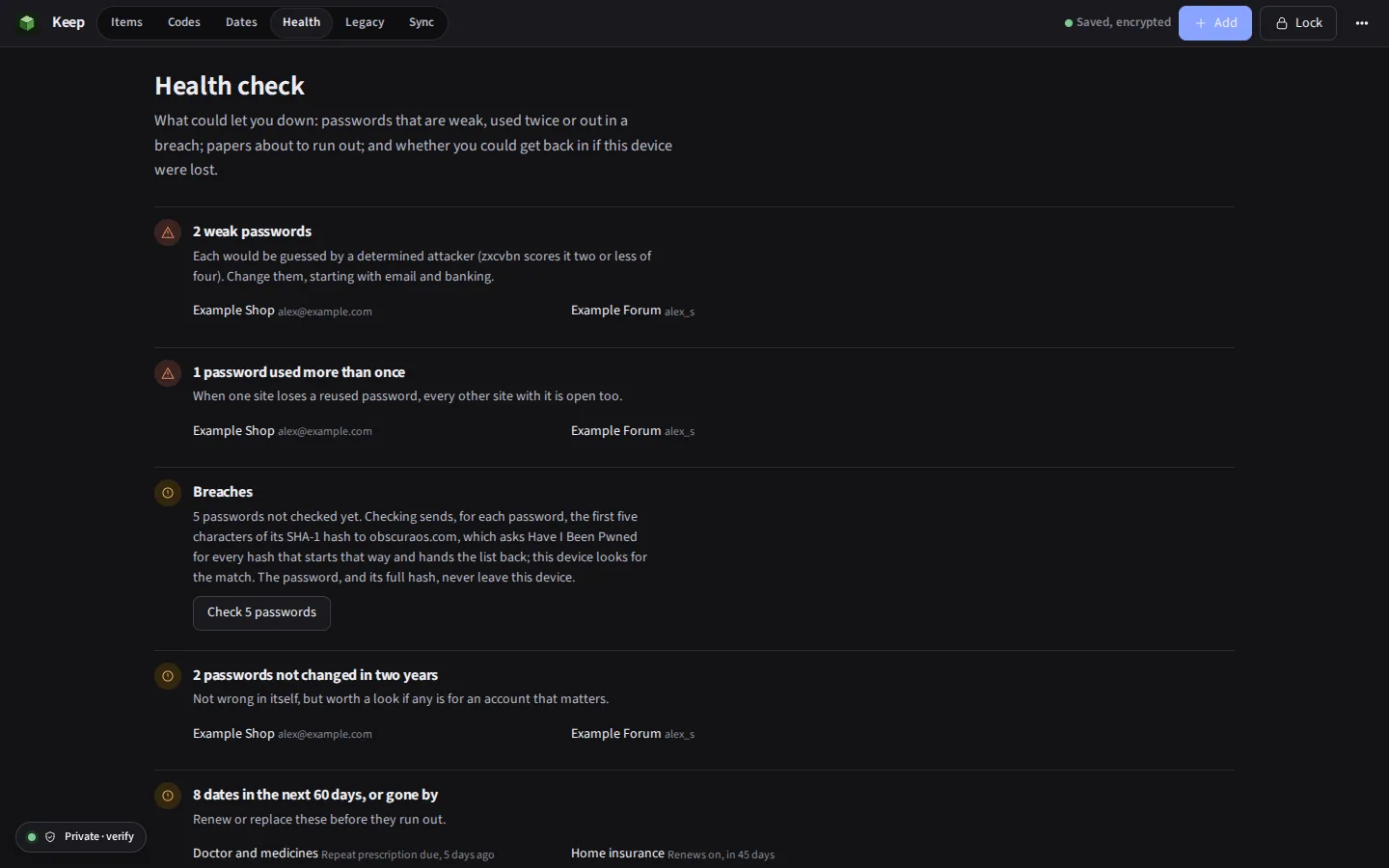 The same health check in the dark theme
