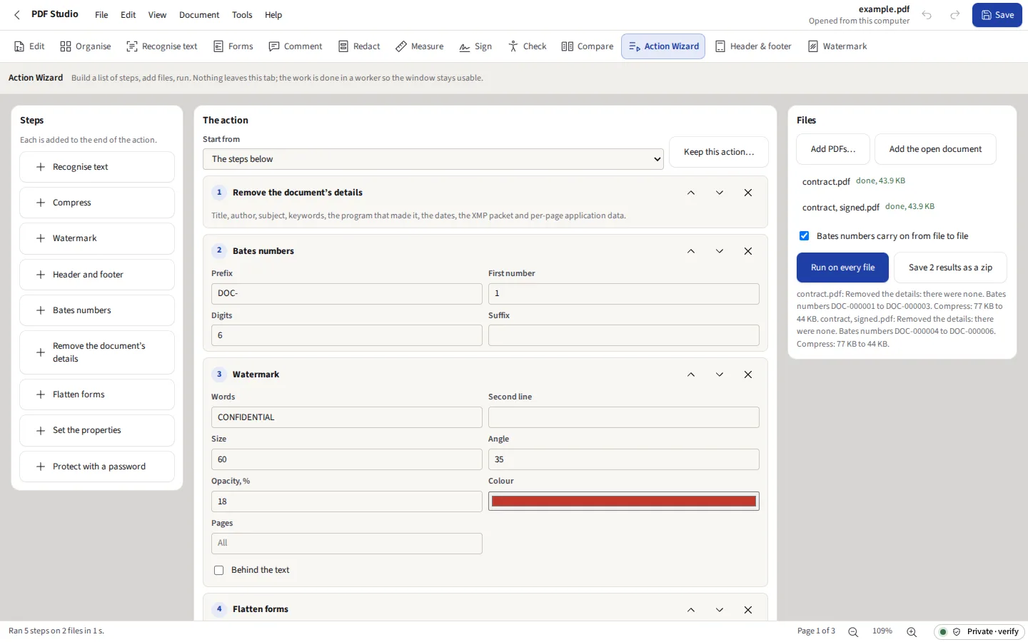 The Action Wizard with five steps (remove the document’s details, Bates numbers, a CONFIDENTIAL watermark, flatten, compress) run on two files, each done, ready to save as one zip