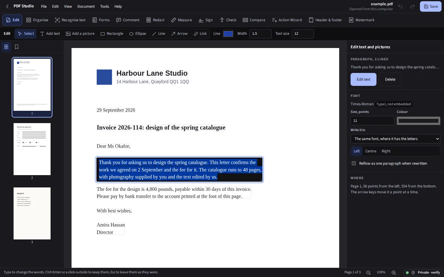PDF Studio in the dark theme: a letter open for editing, one paragraph selected with its font, size and colour in the panel on the right