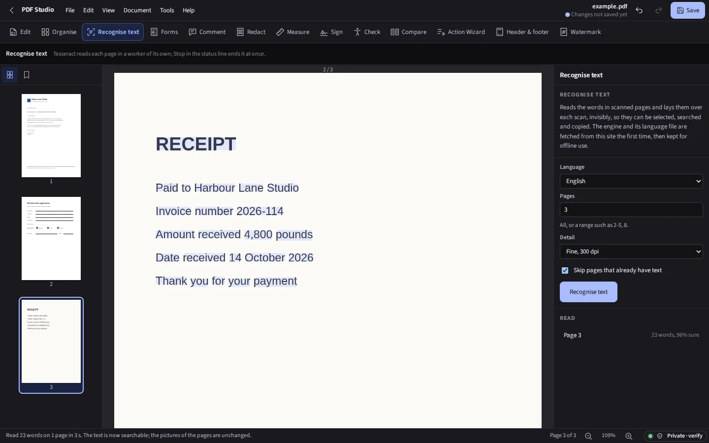 The same scanned page after Recognise text, in the dark theme