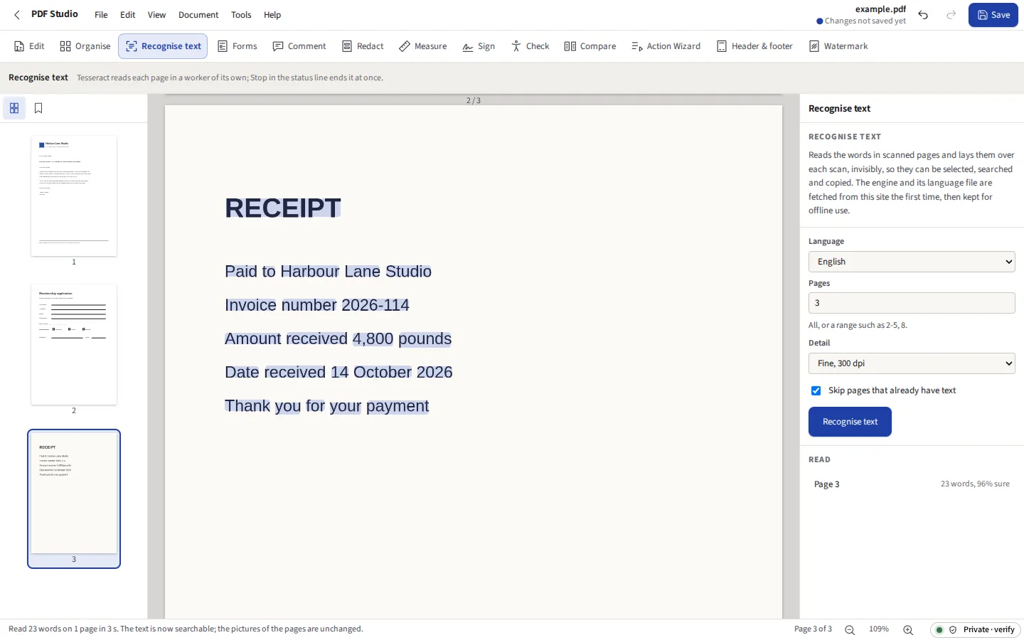 A scanned page after Recognise text: the words found by the engine selected in blue over the picture of the page, and the panel reporting the words read and the language