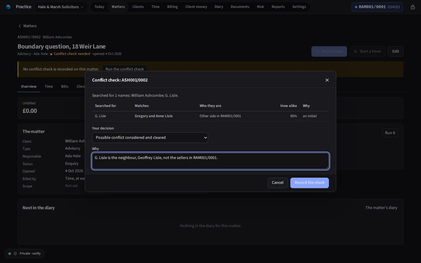 The same conflict check in the dark theme
