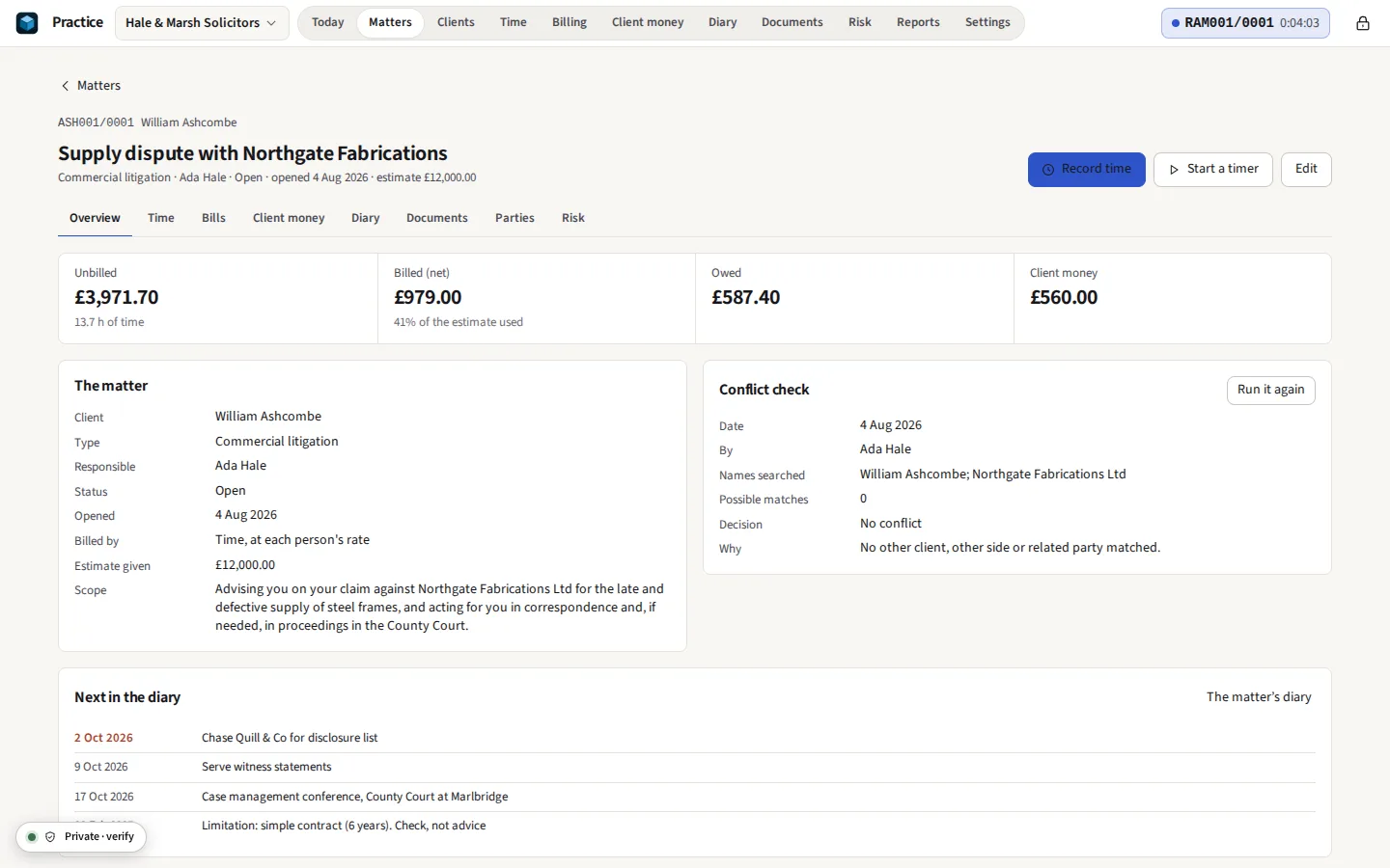 A matter's overview: its unbilled work, bills, money owed and client money across the top, the matter's details and the conflict check recorded on it, with the names searched and the decision