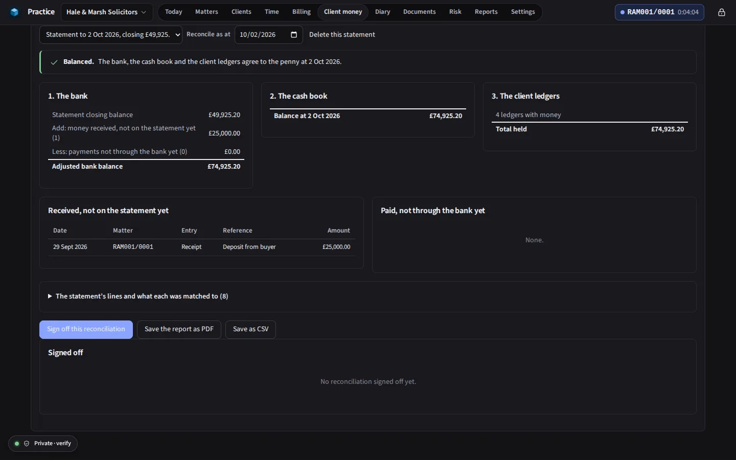 The same reconciliation in the dark theme