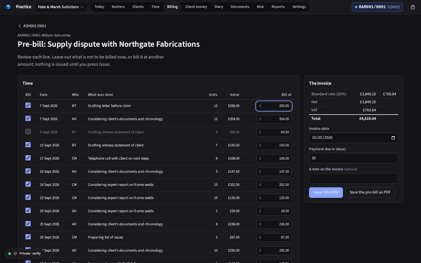 The same pre-bill in the dark theme