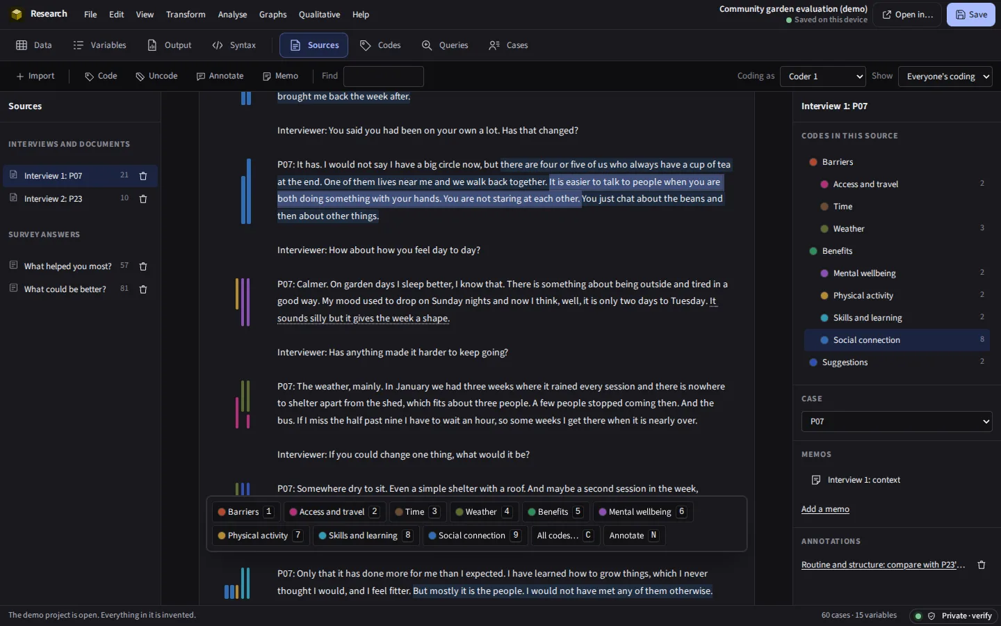 The same interview being coded, in the dark theme