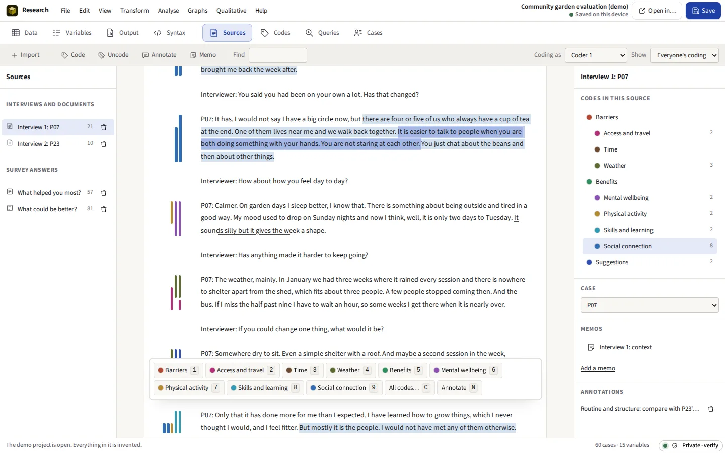 An interview transcript with coded passages marked in the margin by colour, the codes in the source beside it and the code bar open under a selected passage