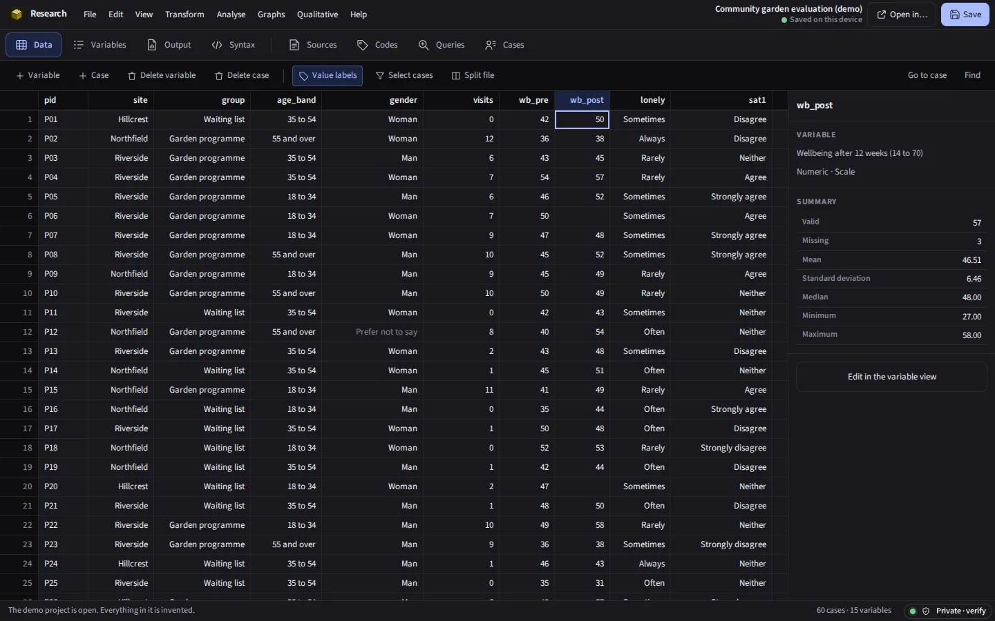 OBSCURA Research in the dark theme: the demo survey in the data view