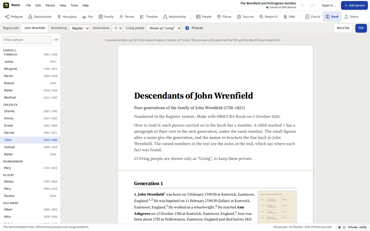 The family history book in preview: a generation of the Register, each person’s paragraph with raised note numbers and their children listed beneath