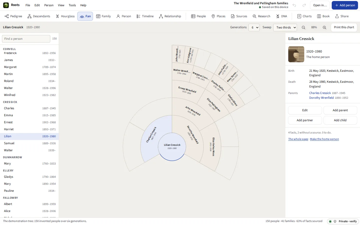 A fan chart of six generations of ancestors, each a wedge with the name and years, the father’s side and the mother’s side in two tints