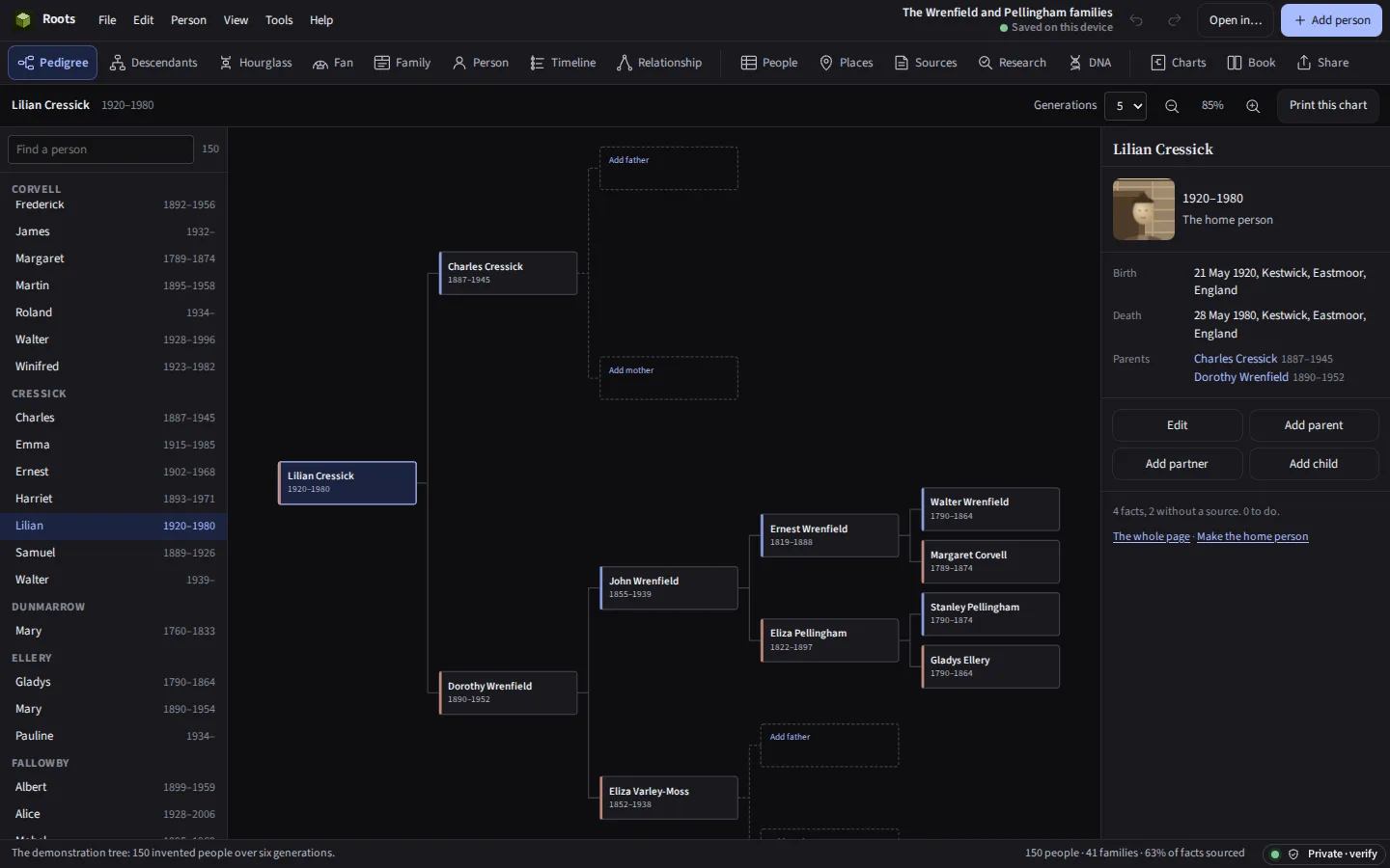 Roots in the dark theme: the demonstration tree open on the pedigree chart, the list of people on the left and the chosen person on the right