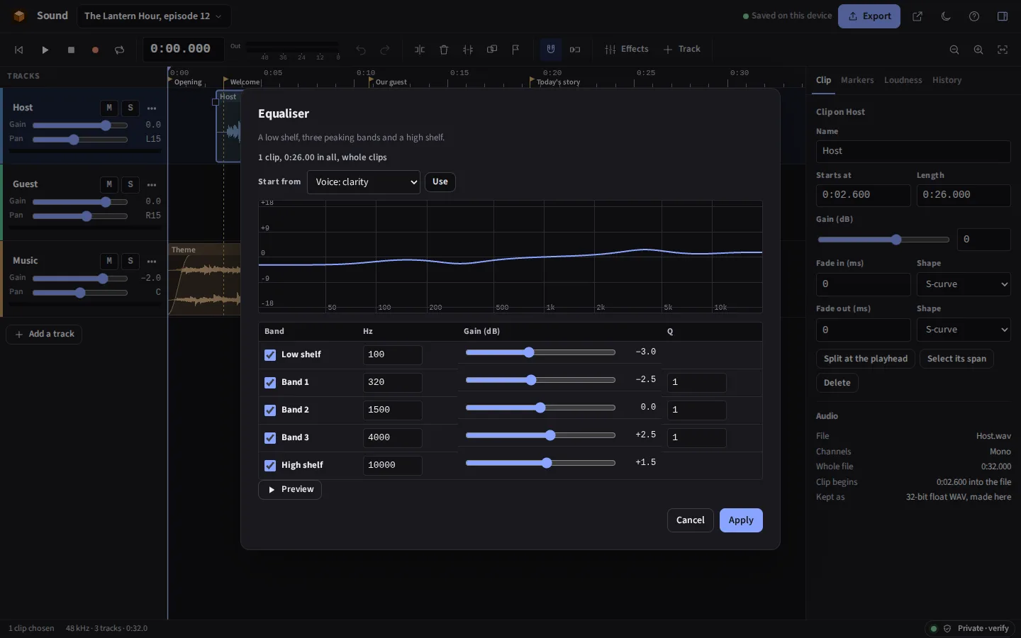 The same equaliser in the dark theme