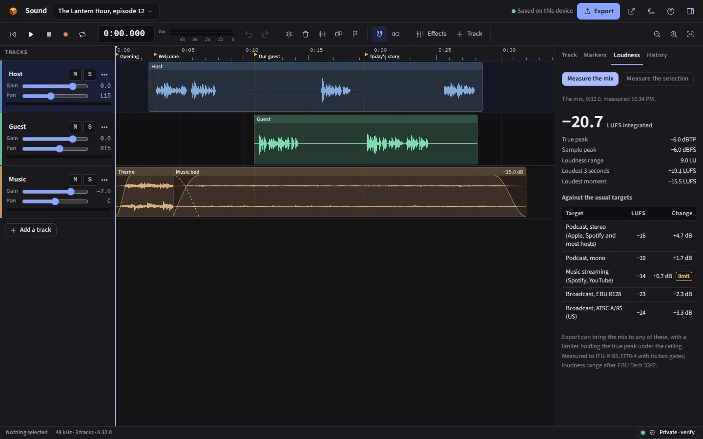 The same panel in the dark theme