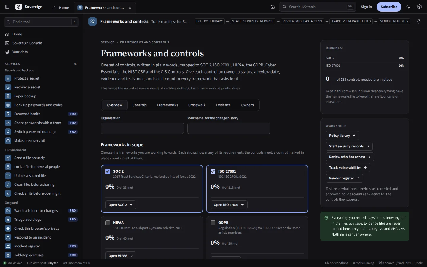 The same Frameworks and controls screen in the dark theme