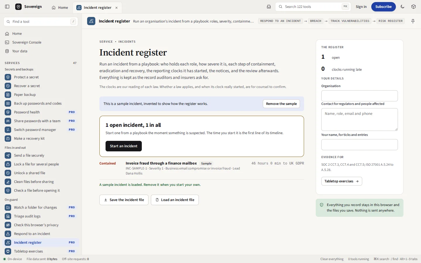 The incident register with its sample loaded: an invoice fraud through a finance mailbox, contained, severity 1, with 46 hours left on the UK GDPR's reporting clock