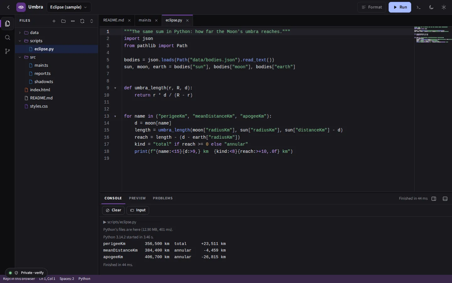 The same Python run in the dark theme