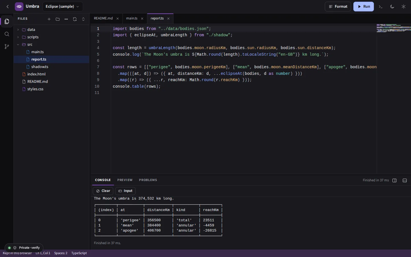 The same TypeScript run in the dark theme