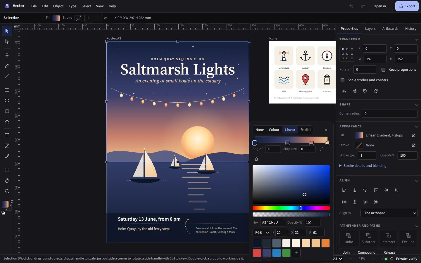 The same gradient in the colour picker, in the dark theme