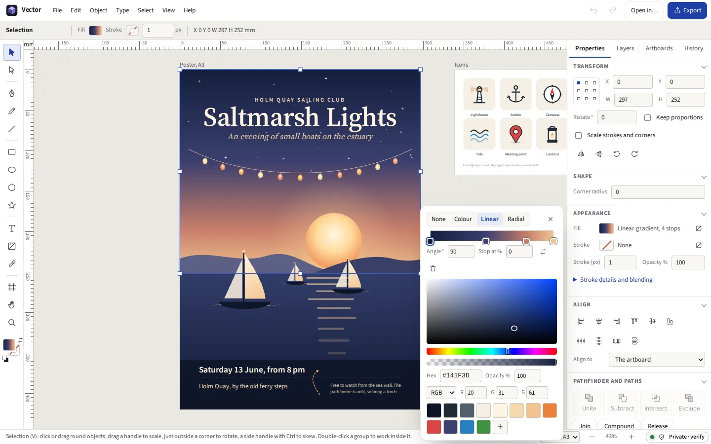 The colour picker open on the poster's sky: a linear gradient of four stops, its angle, the stop's colour as hex and RGB, and the document's swatches