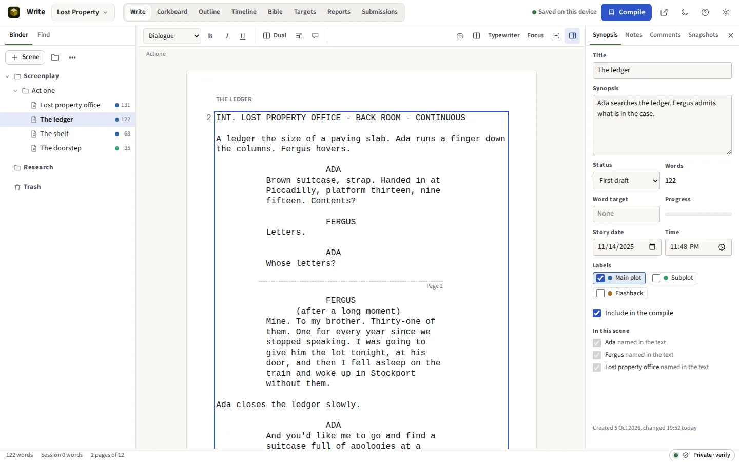 A scene of the sample screenplay in the editor, formatted as a script, with the element type shown beside the toolbar