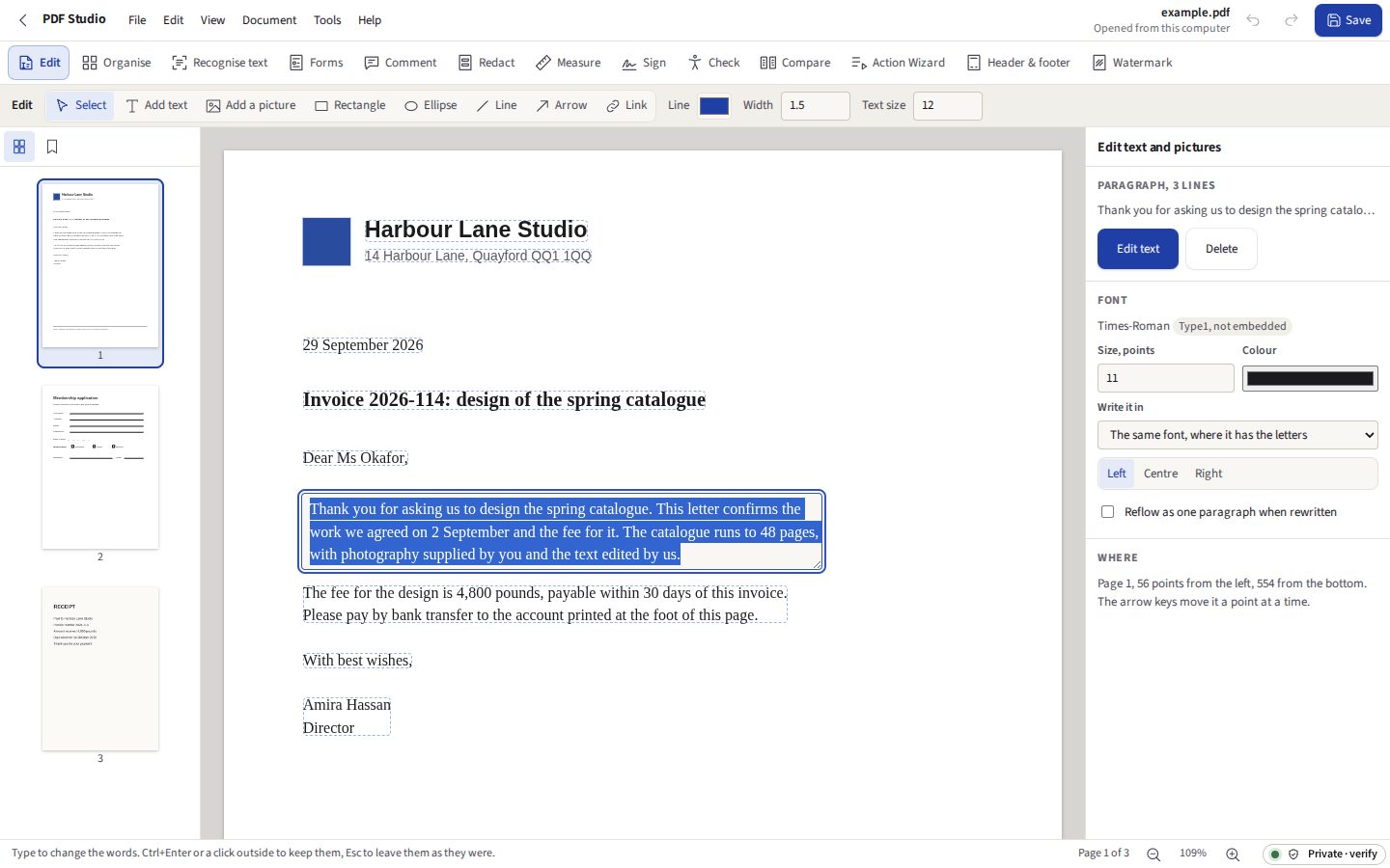 PDF Studio in the light theme: a letter open for editing, one paragraph selected with its font, size and colour in the panel on the right