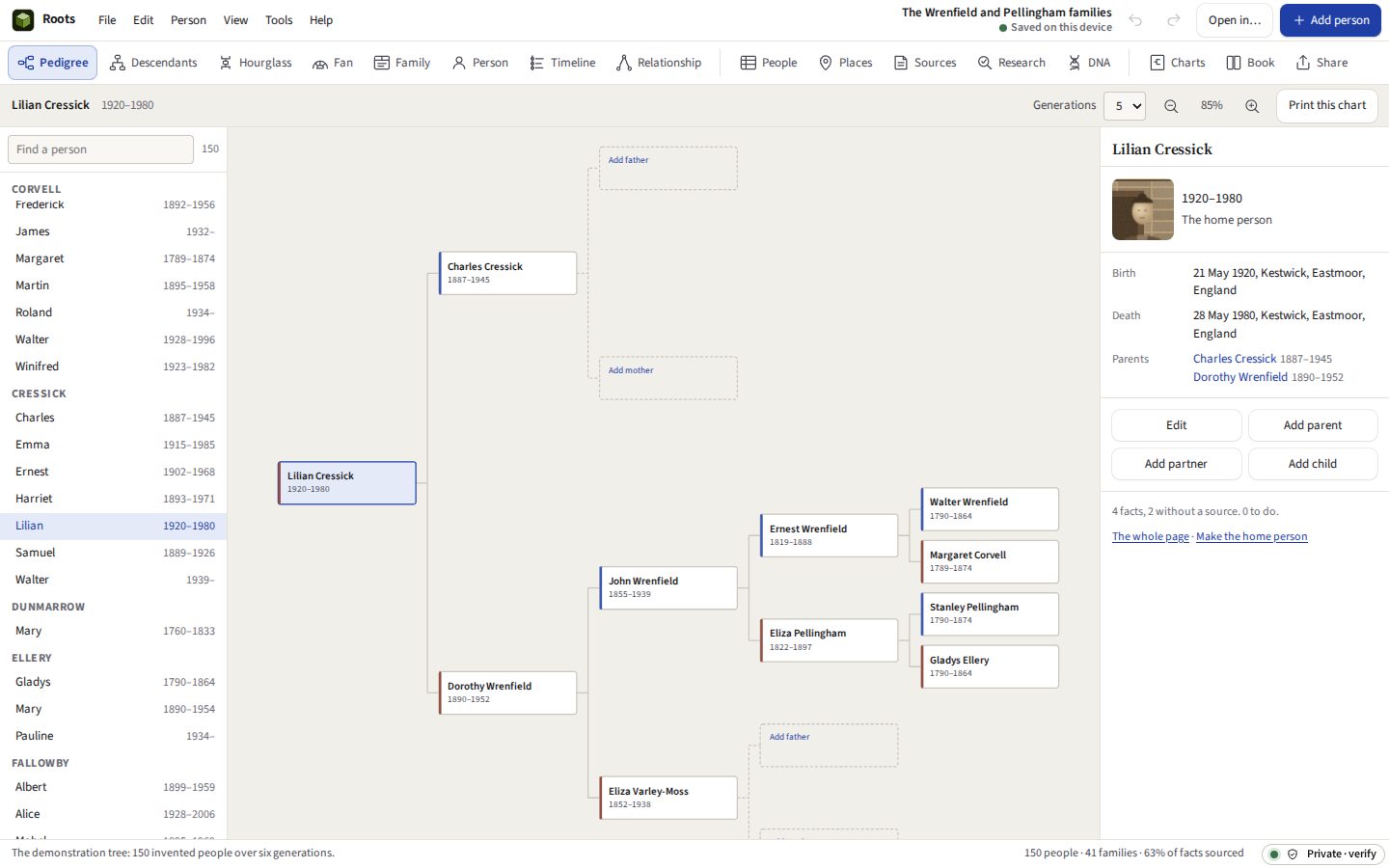 Roots in the light theme: the demonstration tree open on the pedigree chart, the list of people on the left and the chosen person on the right