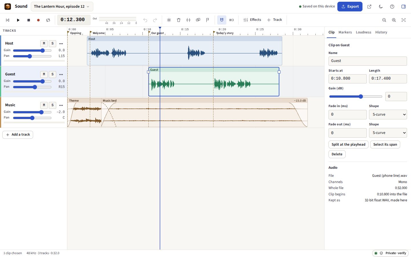 Sound in the light theme: the demonstration podcast open, a host, a guest and a music track on the timeline with their waveforms, chapter markers along the ruler, and the chosen clip's gain and fades on the right