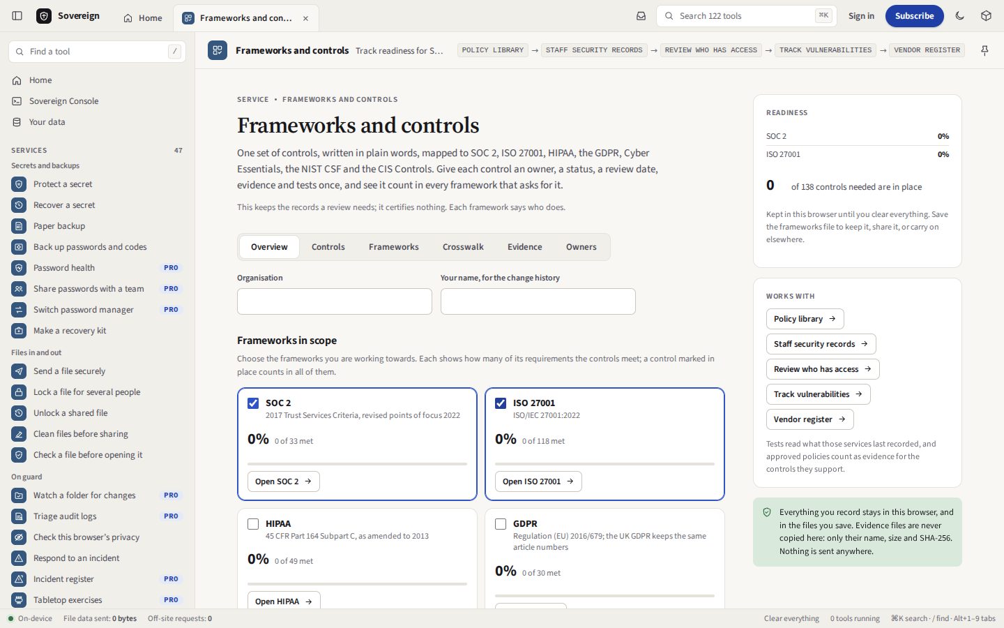 The Sovereign Suite in the light theme, on Frameworks and controls: SOC 2 and ISO 27001 ticked as in scope, with the readiness panel counting the controls in place, and the services listed down the left