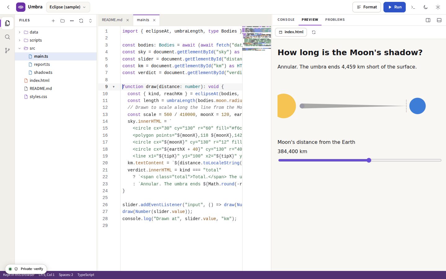 Umbra in the light theme: the sample project open, its TypeScript in the editor with the file tree beside it, and the page it makes shown in the preview below