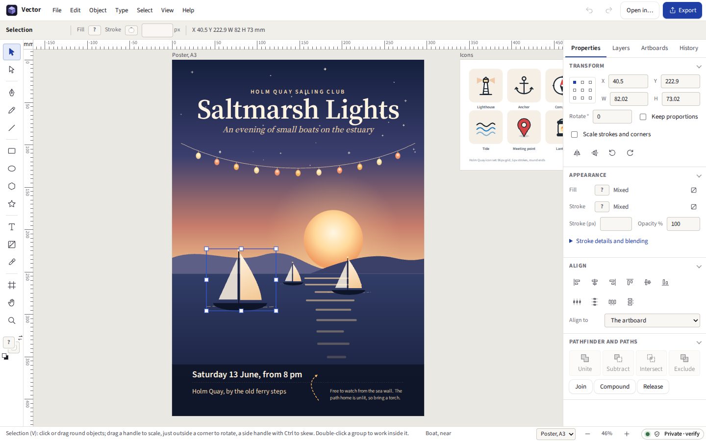 Vector in the light theme: the demonstration poster on its A3 artboard, a boat chosen with its handles, the tools on the left and its size and position in the Properties panel on the right