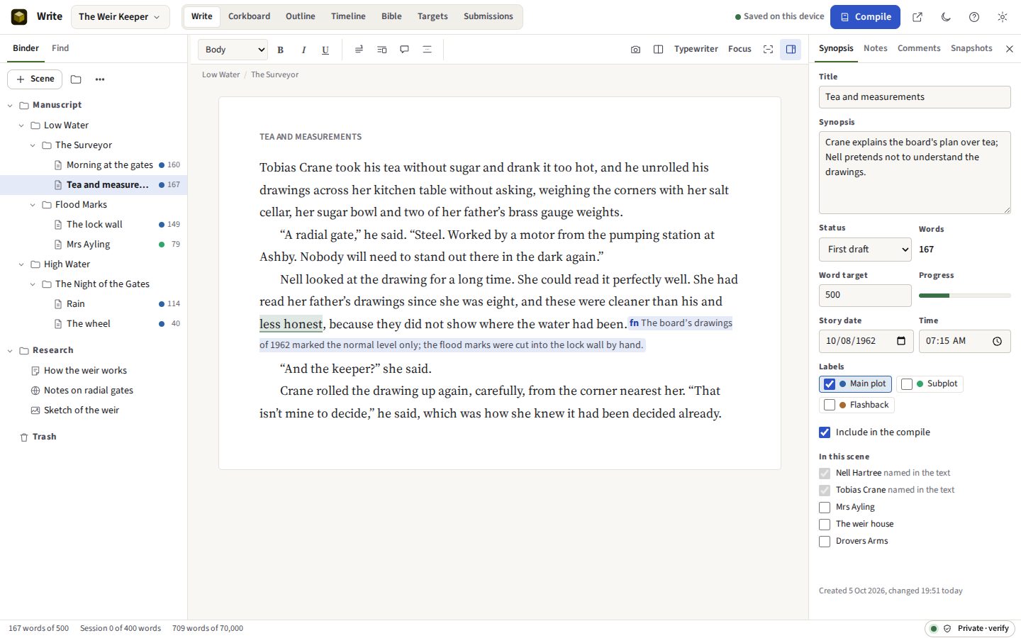 Write in the light theme: the sample novel open, its binder of parts, chapters and scenes on the left, a scene in the manuscript editor, and the scene's synopsis, status and labels on the right